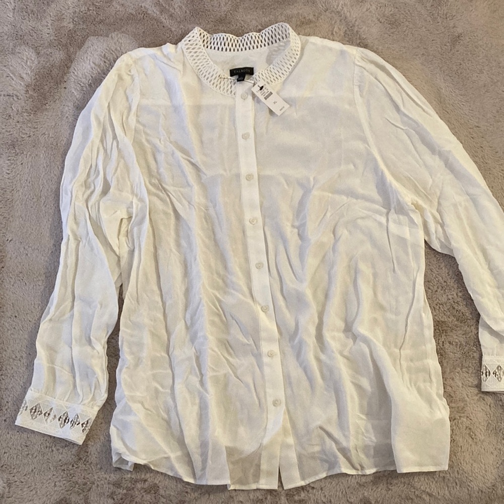 Talbots Ivory Viscose XL Long-Sleeve Button-Up Blouse Decorative Collar & Cuffs